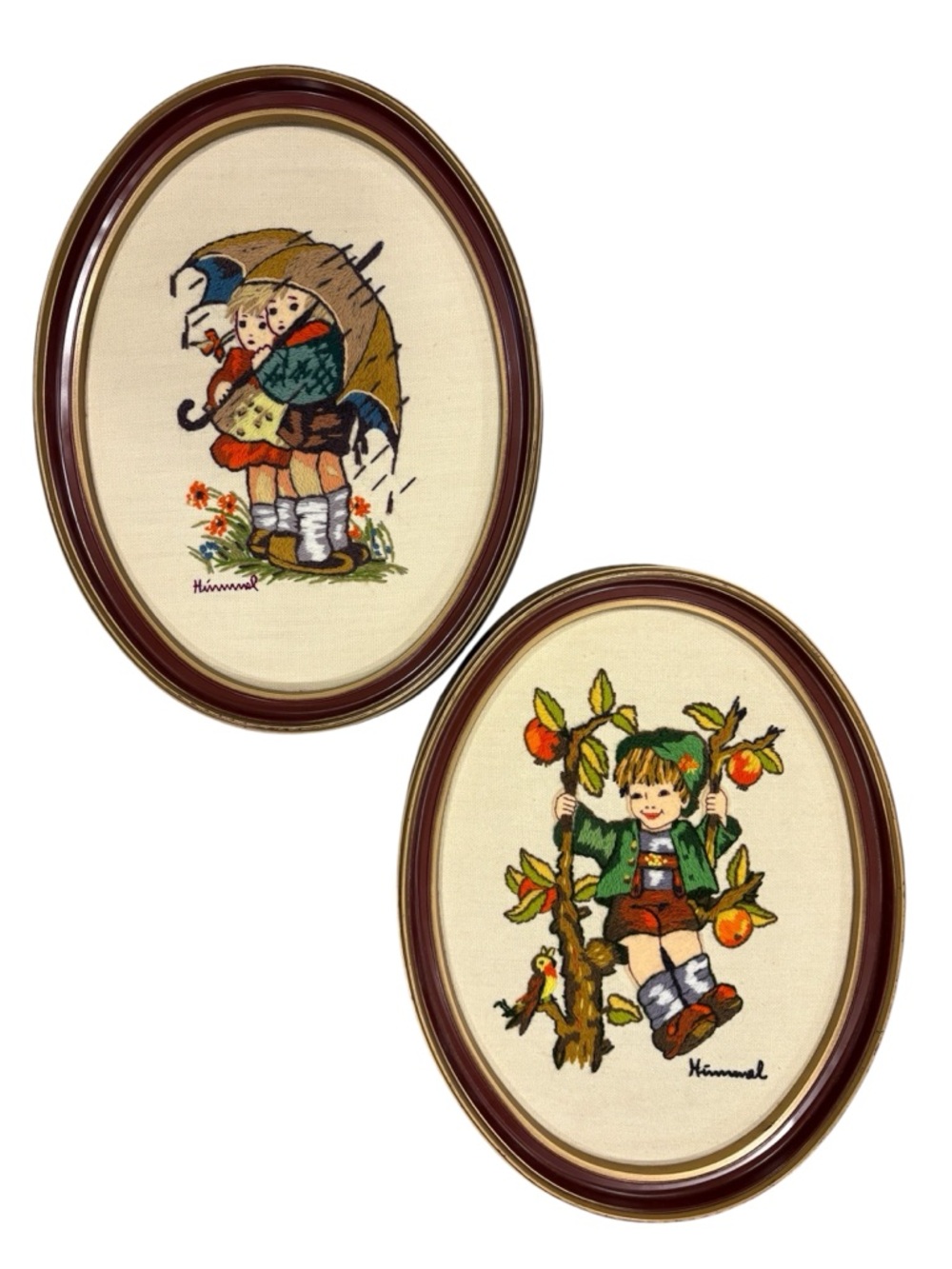 VTG Hummel Crewel Embroidery Art Set - 2 Oval Framed Pieces Cottagecore Nursery